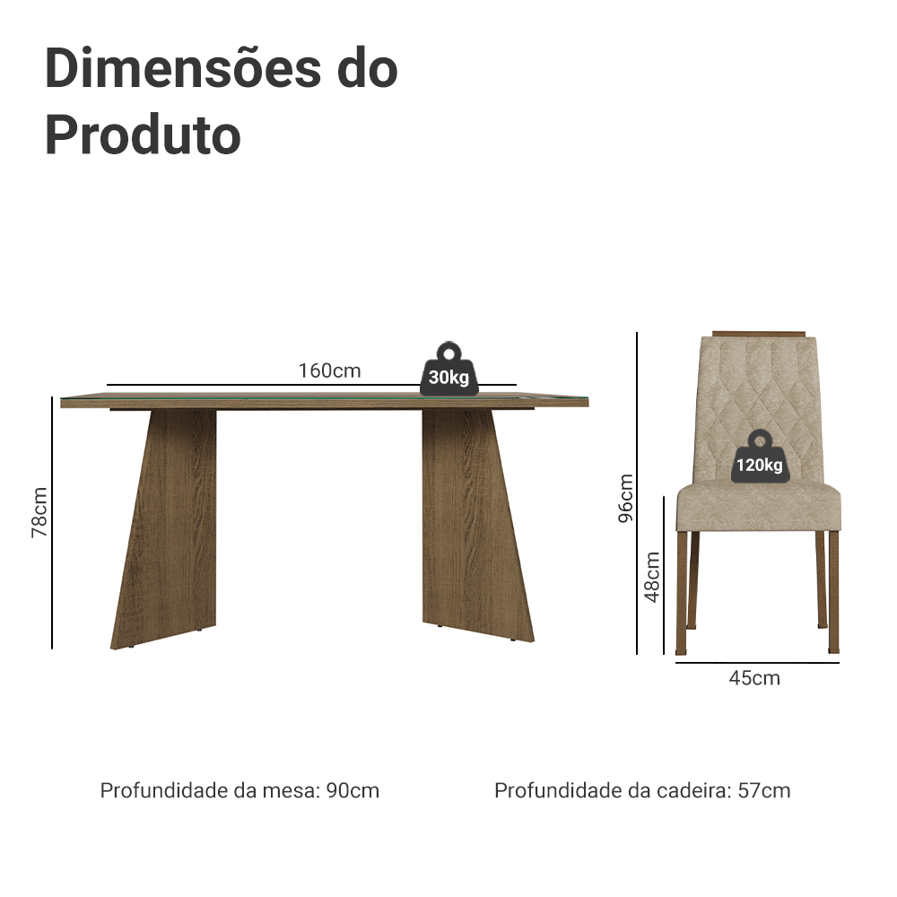 Conjunto Sala de Jantar Tampo de Vidro 6 Cadeiras Rustic/Imperial Sintra Madesa