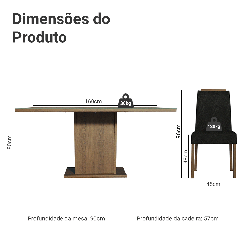 Conjunto Sala de Jantar Tampo de Vidro 6 Cadeiras Rustic/Oxford Dália Madesa