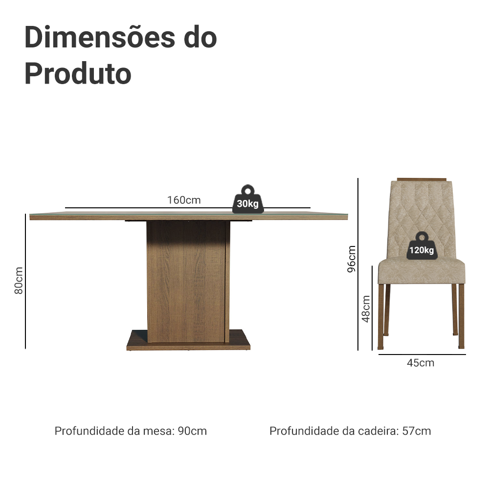 Conjunto Sala de Jantar Tampo de Vidro 6 Cadeiras Rustic/Crema/Imperial Azaleia Madesa