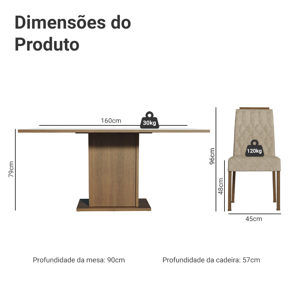 Conjunto Sala de Jantar Tampo de Madeira 6 Cadeiras Rustic/Branco/Imperial Bosque Madesa