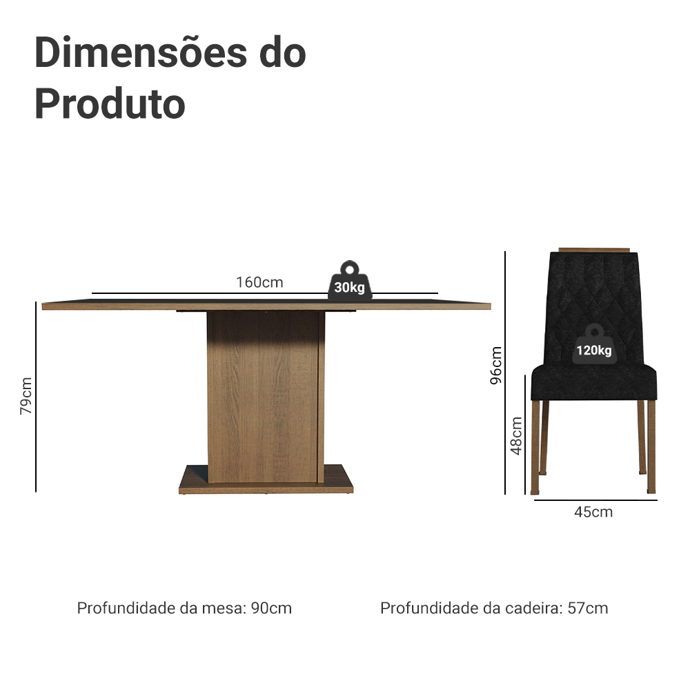 Conjunto Sala de Jantar Tampo de Madeira 6 Cadeiras Rustic/Preto/Oxford Bosque Madesa