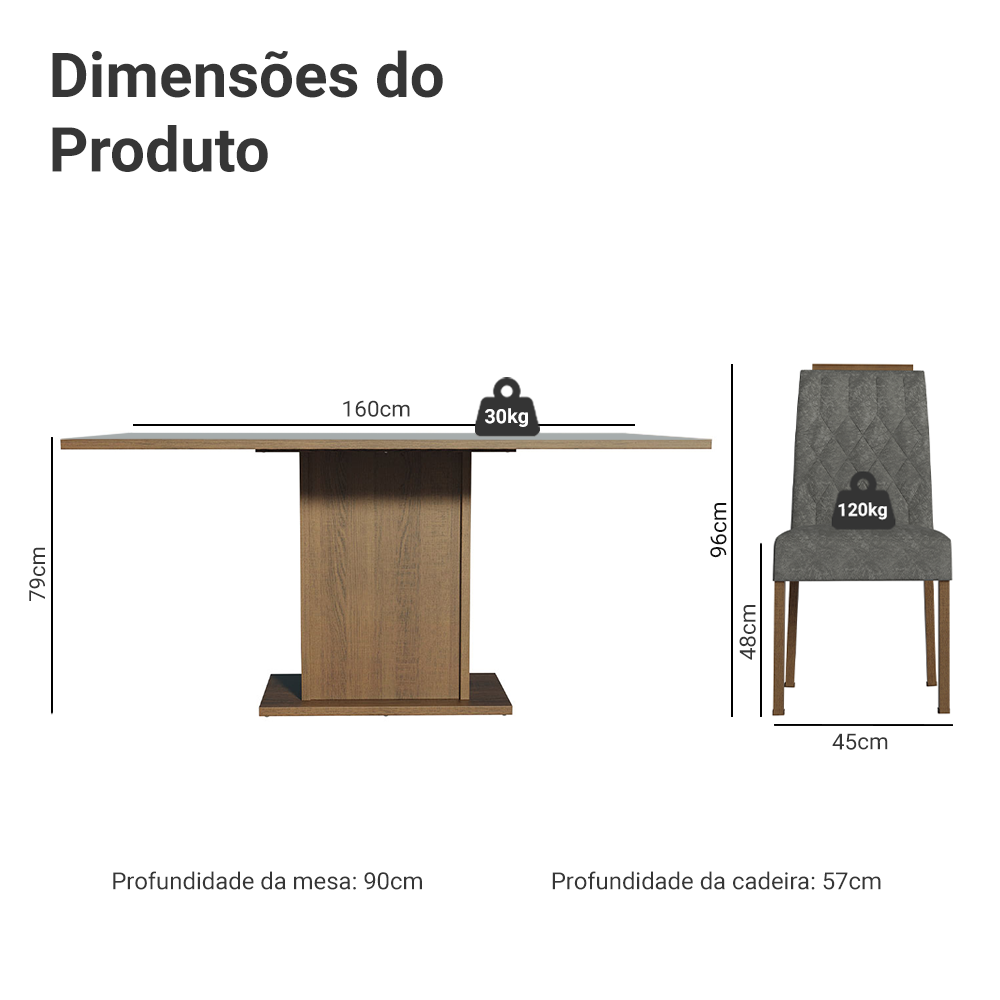 Conjunto Sala de Jantar Tampo de Madeira 6 Cadeiras Rustic/Cinza/Silver Bosque Madesa