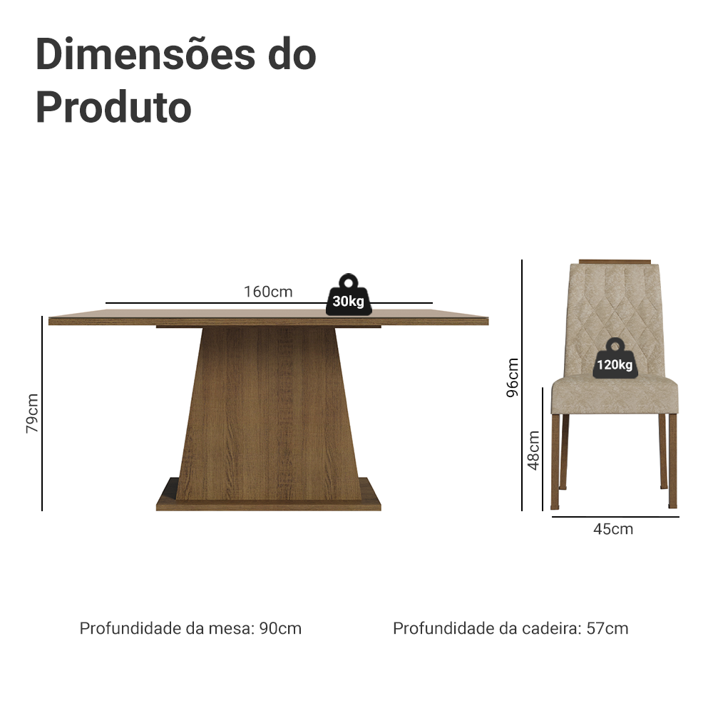 Conjunto Sala de Jantar Tampo de Vidro 6 Cadeiras Rustic/Crema/Imperial Peônia Madesa