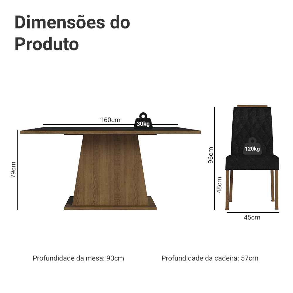 Conjunto Sala de Jantar Tampo de Madeira 6 Cadeiras Rustic/Preto/Oxford Cedro Madesa