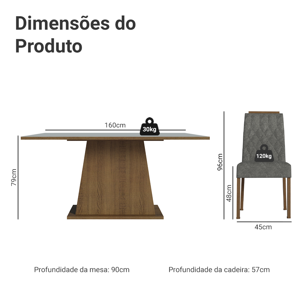 Conjunto Sala de Jantar Tampo de Madeira 6 Cadeiras Rustic/Cinza/Silver Cedro Madesa