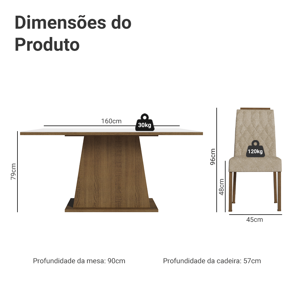 Conjunto Sala de Jantar Tampo de Madeira 6 Cadeiras Rustic/Branco/Imperial Hortelã Madesa
