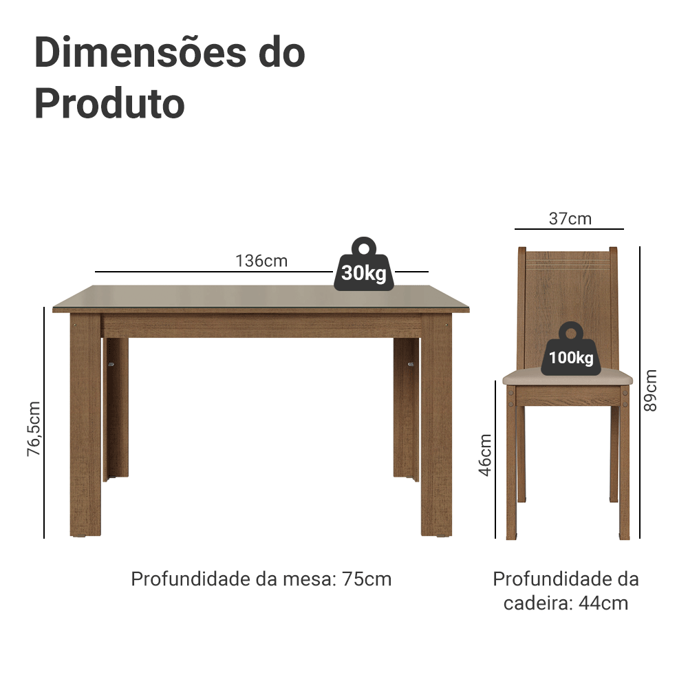 Conjunto Sala de Jantar Cereja Mesa Tampo de Vidro 6 Cadeiras Rustic/Crema/Sintético Bege Madesa