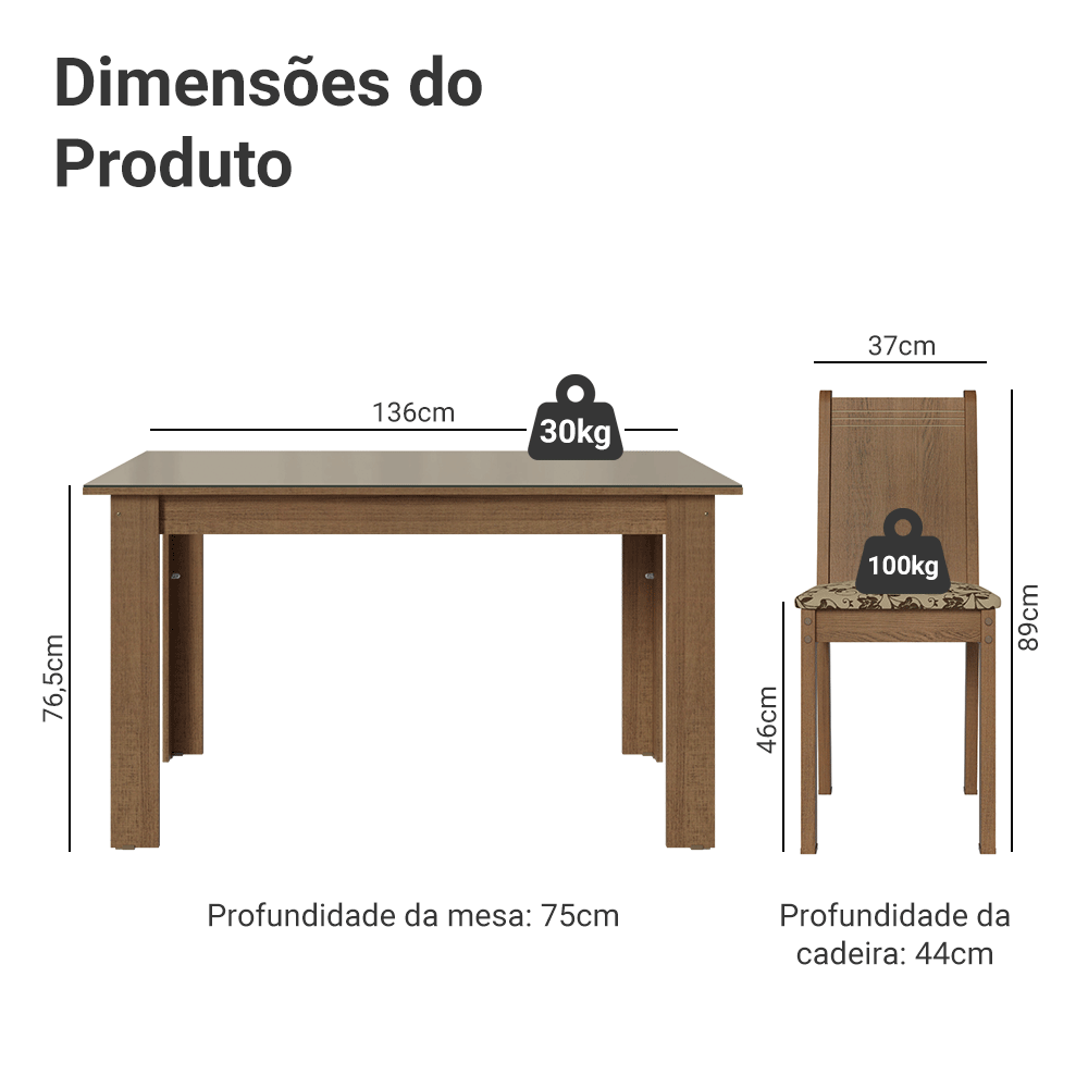 Conjunto Sala de Jantar Cereja Mesa Tampo de Vidro 6 Cadeiras Rustic/Crema/Bege Marrom Madesa