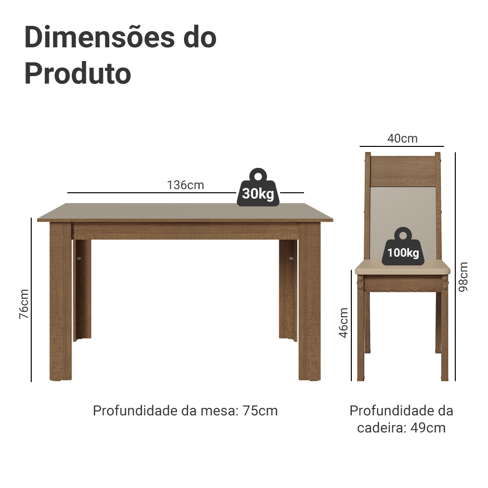 Conjunto Sala de Jantar Latte Mesa Tampo de Madeira 6 Cadeiras Rustic/Crema/Sintético Bege Madesa