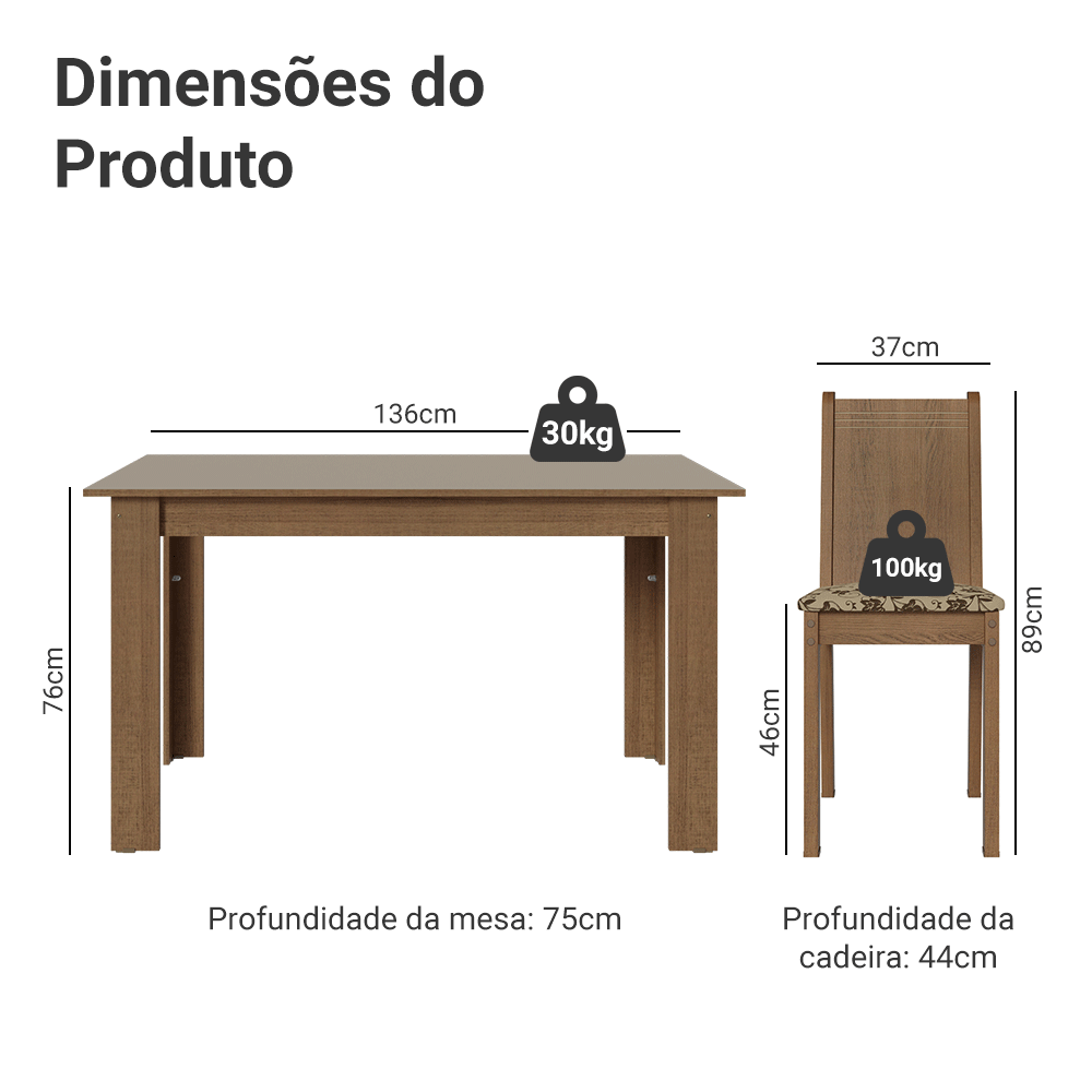 Conjunto Sala de Jantar Dolce Mesa Tampo de Madeira 6 Cadeiras Rustic/Crema/Bege Marrom Madesa