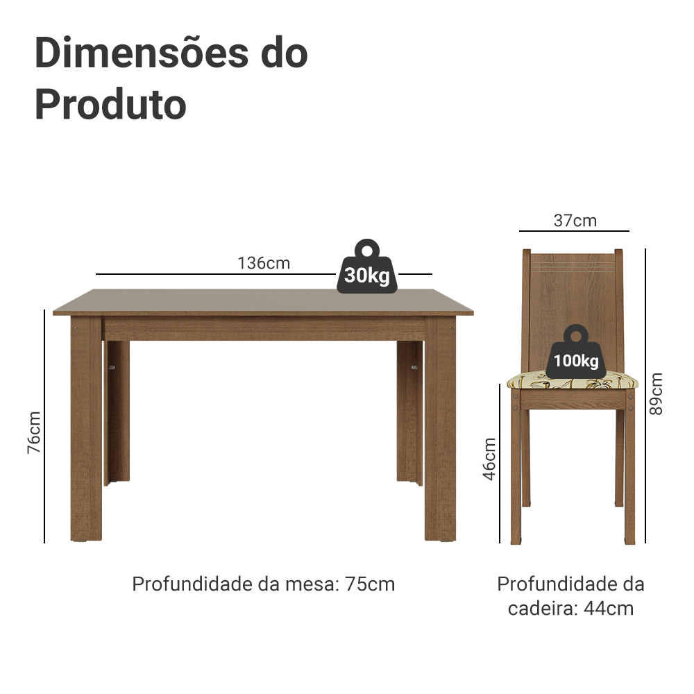 Conjunto Sala de Jantar Dolce Mesa Tampo de Madeira 6 Cadeiras Rustic/Crema/Lírio Bege Madesa