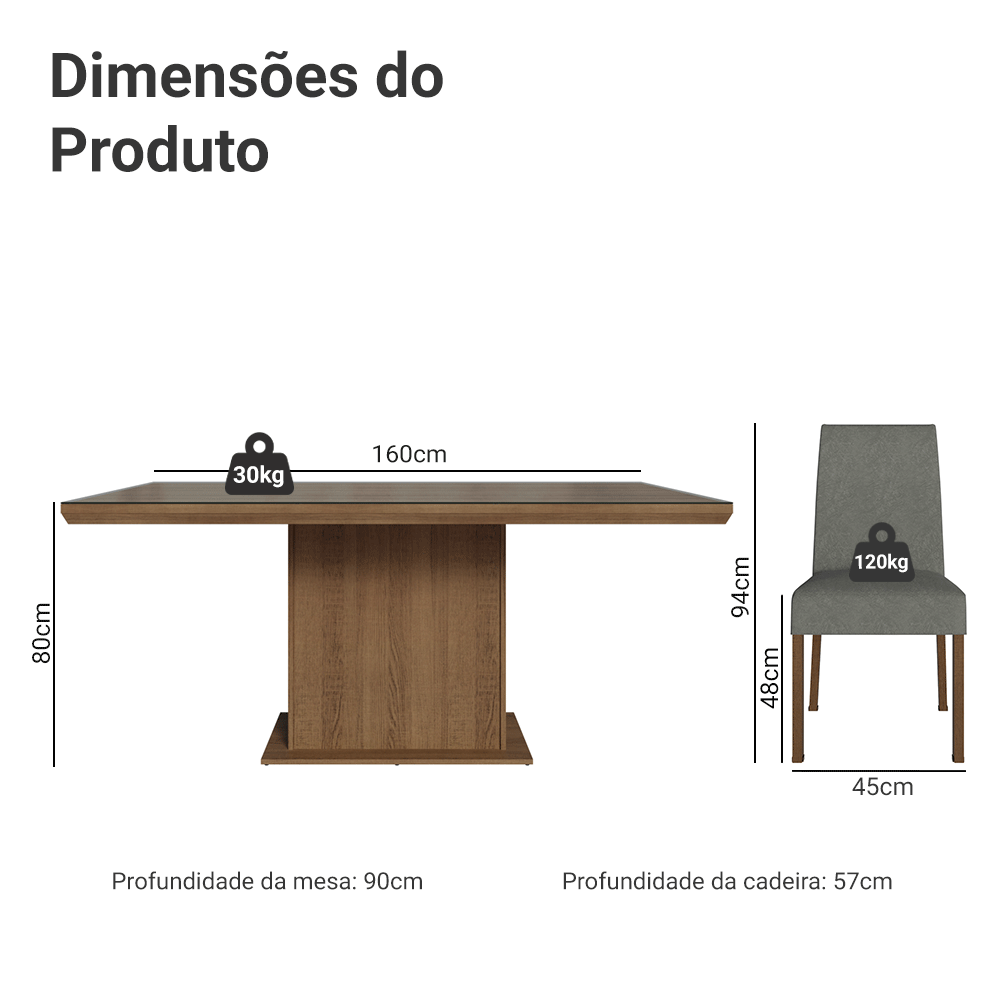 Conjunto Sala de Jantar Tampo com Vidro 6 Cadeiras Rustic/Silver Alba Madesa
