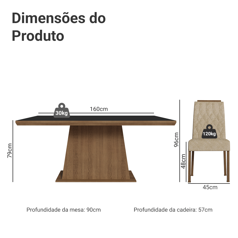 Conjunto Sala de Jantar Tampo de Madeira 6 Cadeiras Rustic/Preto/Imperial Assis Madesa