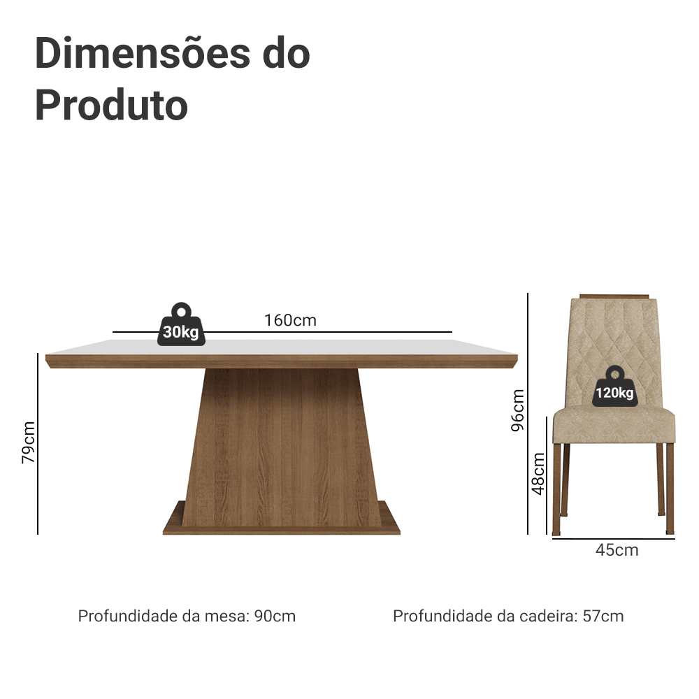 Conjunto Sala de Jantar Tampo de Madeira 6 Cadeiras Rustic/Branco/Imperial Assis Madesa