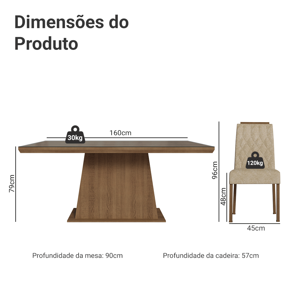 Conjunto Sala de Jantar Tampo com Vidro 6 Cadeiras Rustic/Imperial Colmar Madesa