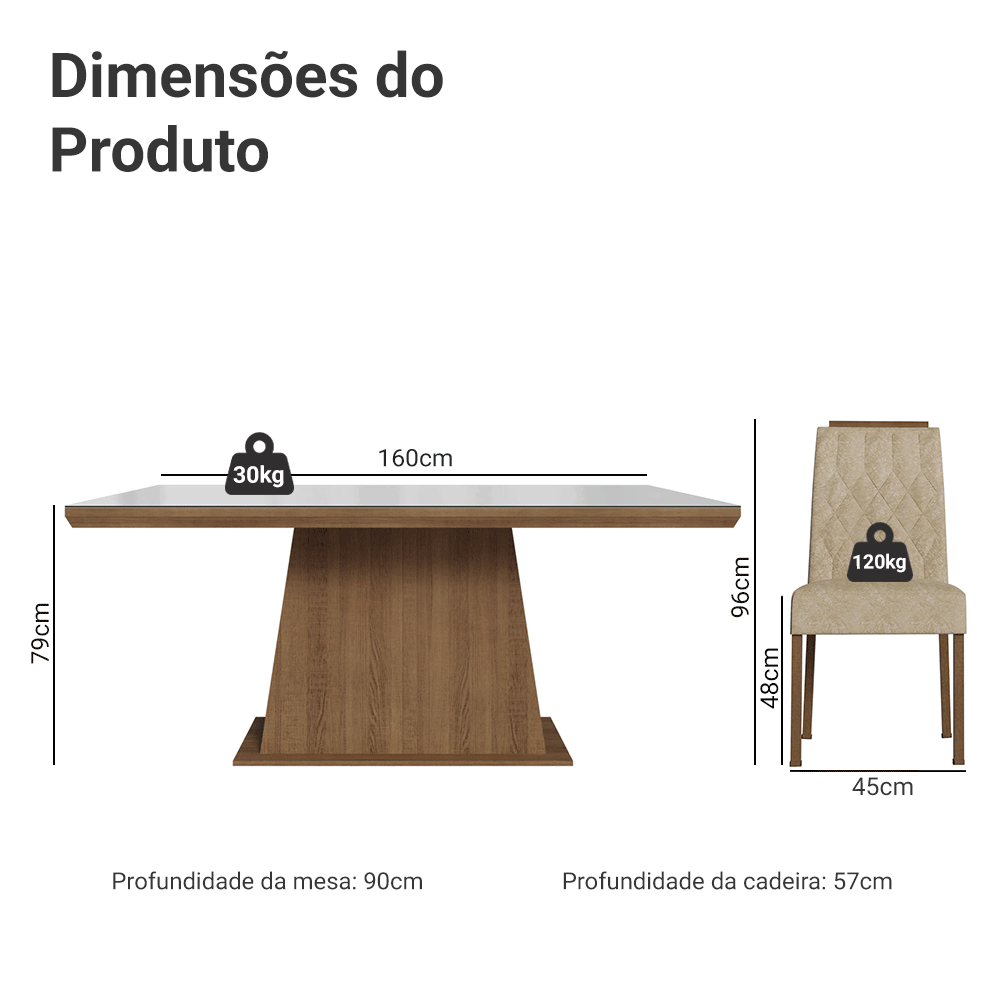 Conjunto Sala de Jantar Tampo com Vidro 6 Cadeiras Rustic/Branco/Imperial Colmar Madesa