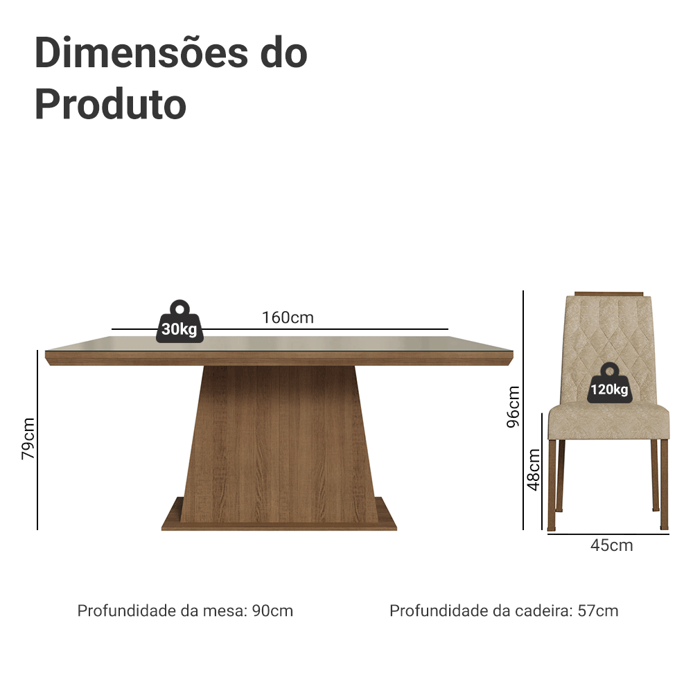 Conjunto Sala de Jantar Tampo com Vidro 6 Cadeiras Rustic/Crema/Imperial Colmar Madesa