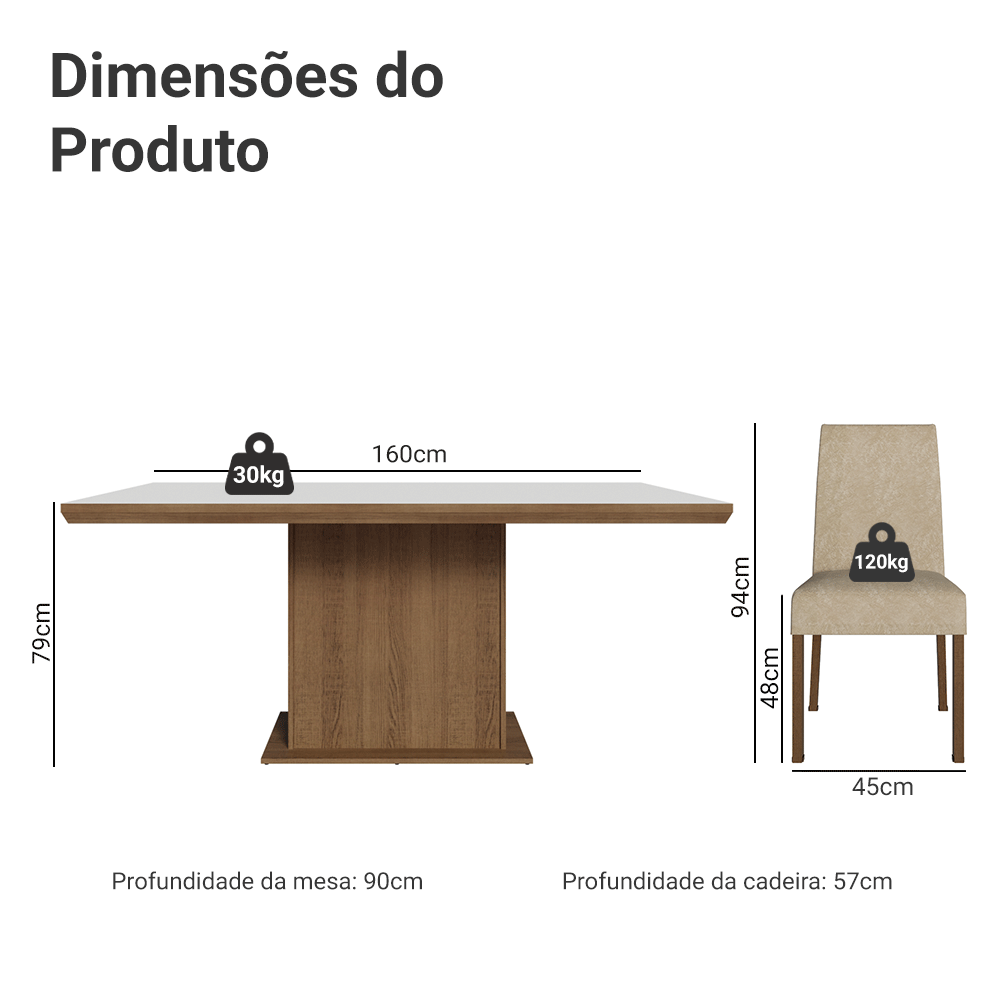 Conjunto Sala de Jantar Tampo de Madeira 6 Cadeiras Rustic/Branco/Imperial Grasse Madesa