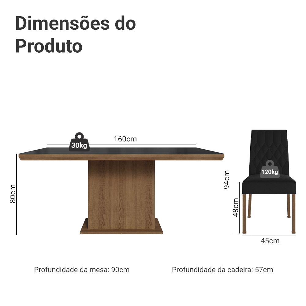 Conjunto Sala de Jantar Tampo com Vidro 6 Cadeiras Rustic/Preto/Oxford Dinan Madesa