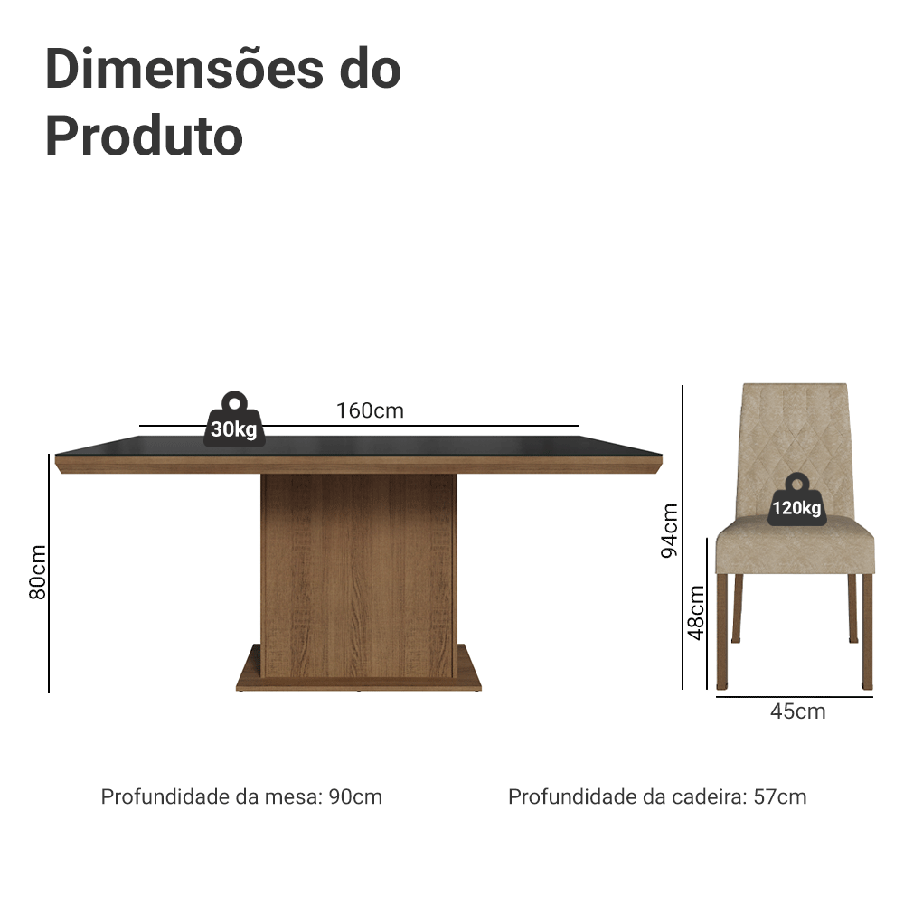Conjunto Sala de Jantar Tampo com Vidro 6 Cadeiras Rustic/Preto/Imperial Dinan Madesa