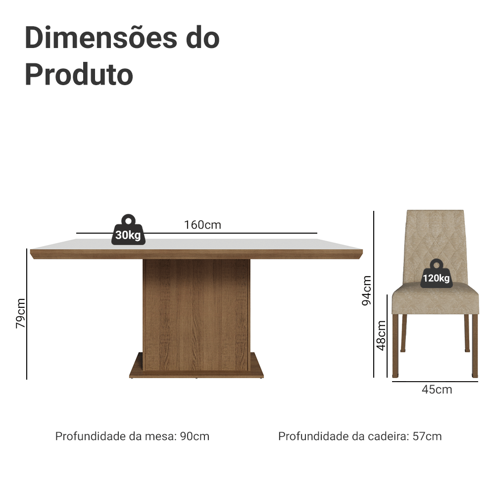 Conjunto Sala de Jantar Tampo de Madeira 6 Cadeiras Rustic/Branco/Imperial Luso Madesa