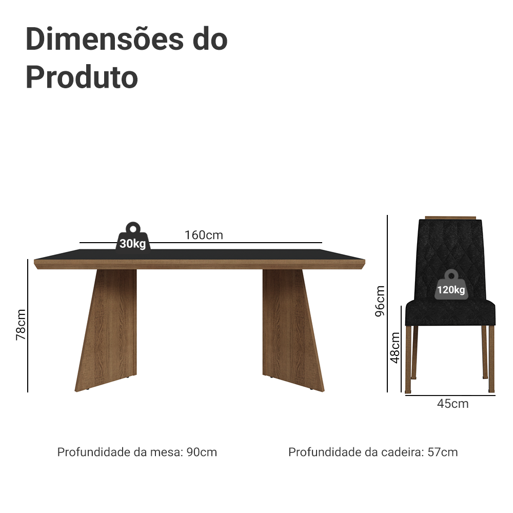Conjunto Sala de Jantar Tampo de Madeira 6 Cadeiras Rustic/Preto/Oxford Sarlat Madesa