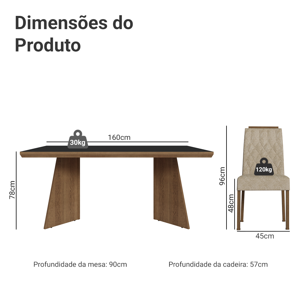 Conjunto Sala de Jantar Tampo de Madeira 6 Cadeiras Rustic/Preto/Imperial Sarlat Madesa