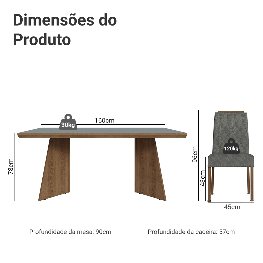 Conjunto Sala de Jantar Tampo de Madeira 6 Cadeiras Rustic/Cinza/Silver Sarlat Madesa
