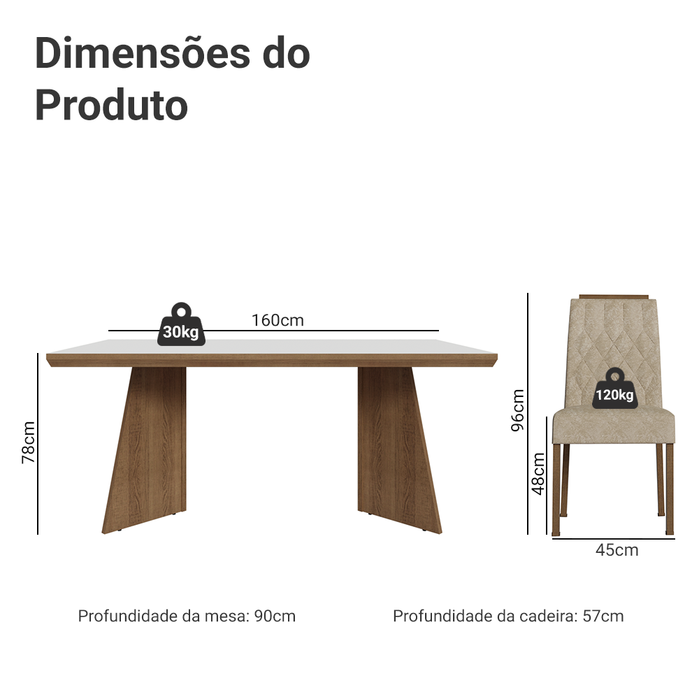 Conjunto Sala de Jantar Tampo de Madeira 6 Cadeiras Rustic/Branco/Imperial Sarlat Madesa