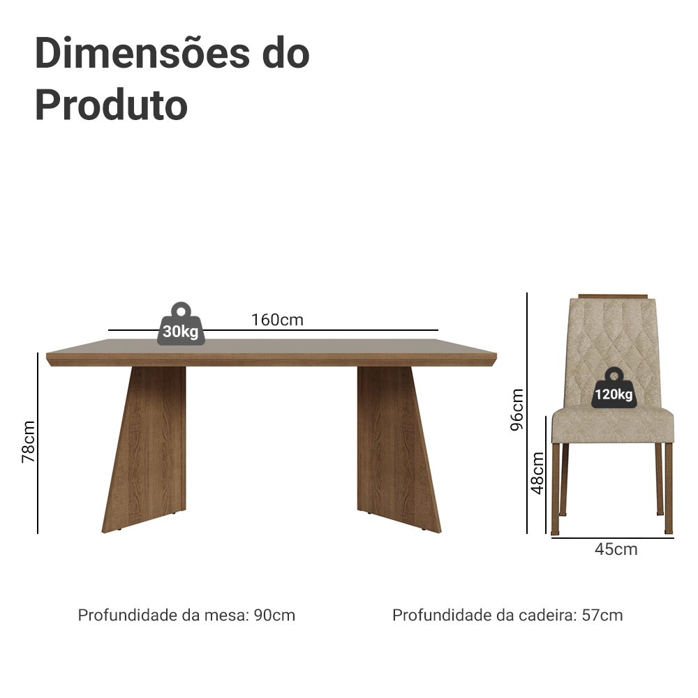 Conjunto Sala de Jantar Tampo de Madeira 6 Cadeiras Rustic/Cinza/Imperial Sarlat Madesa