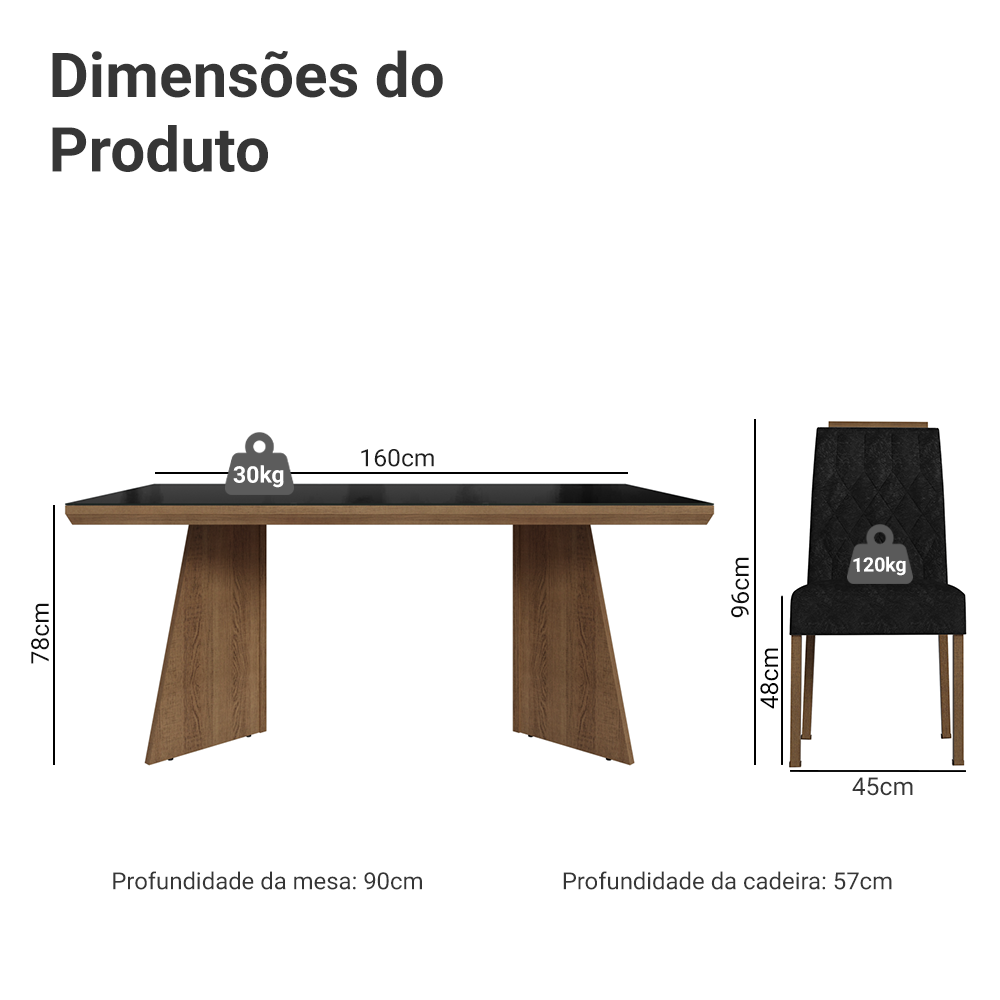 Conjunto Sala de Jantar Tampo com Vidro 6 Cadeiras Rustic/Preto/Oxford Pienza Madesa