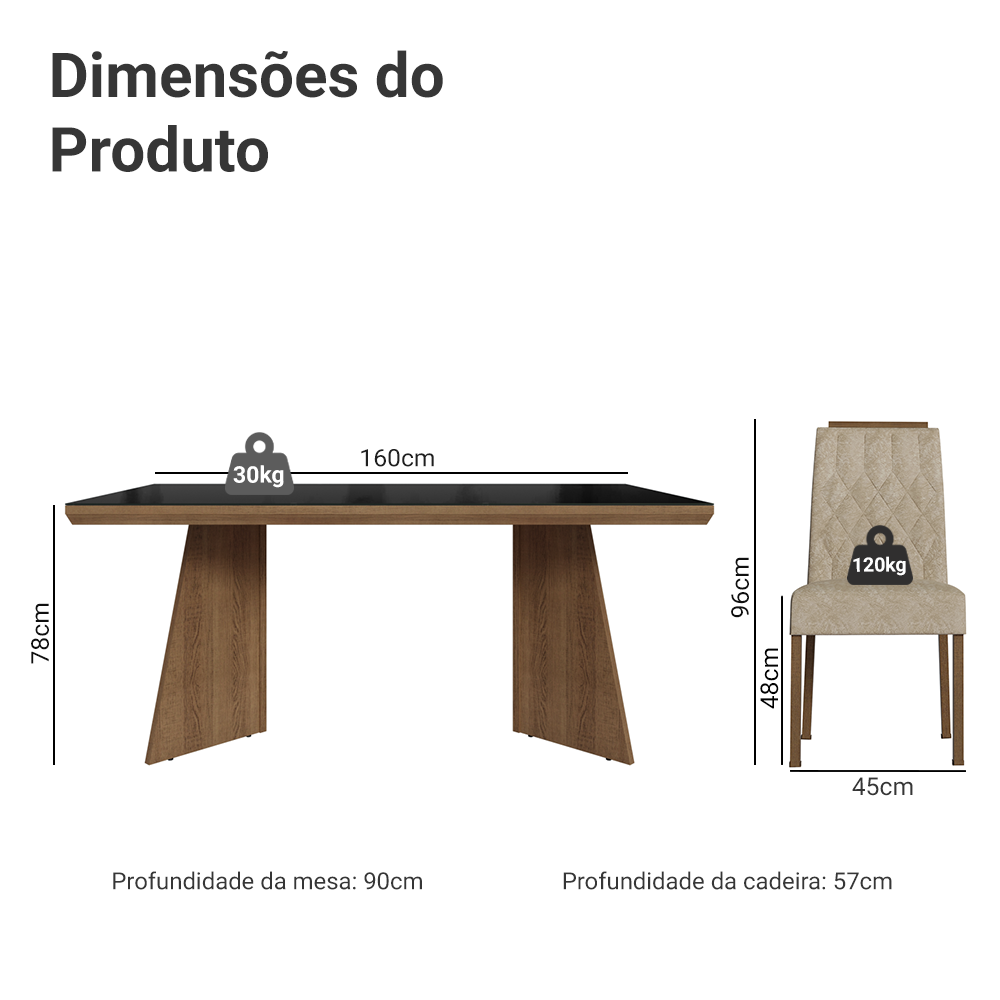 Conjunto Sala de Jantar Tampo com Vidro 6 Cadeiras Rustic/Preto/Imperial Pienza Madesa