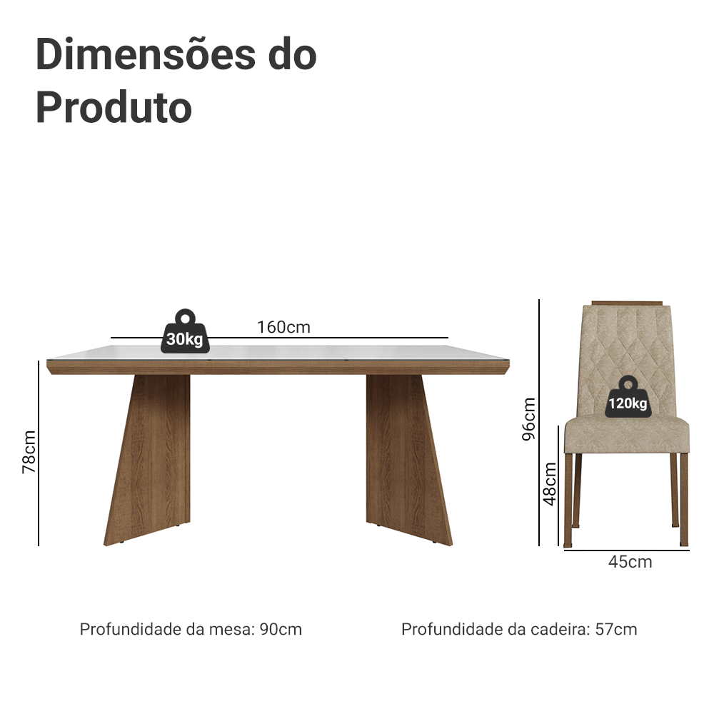 Conjunto Sala de Jantar Tampo com Vidro 6 Cadeiras Rustic/Branco/Imperial Pienza Madesa