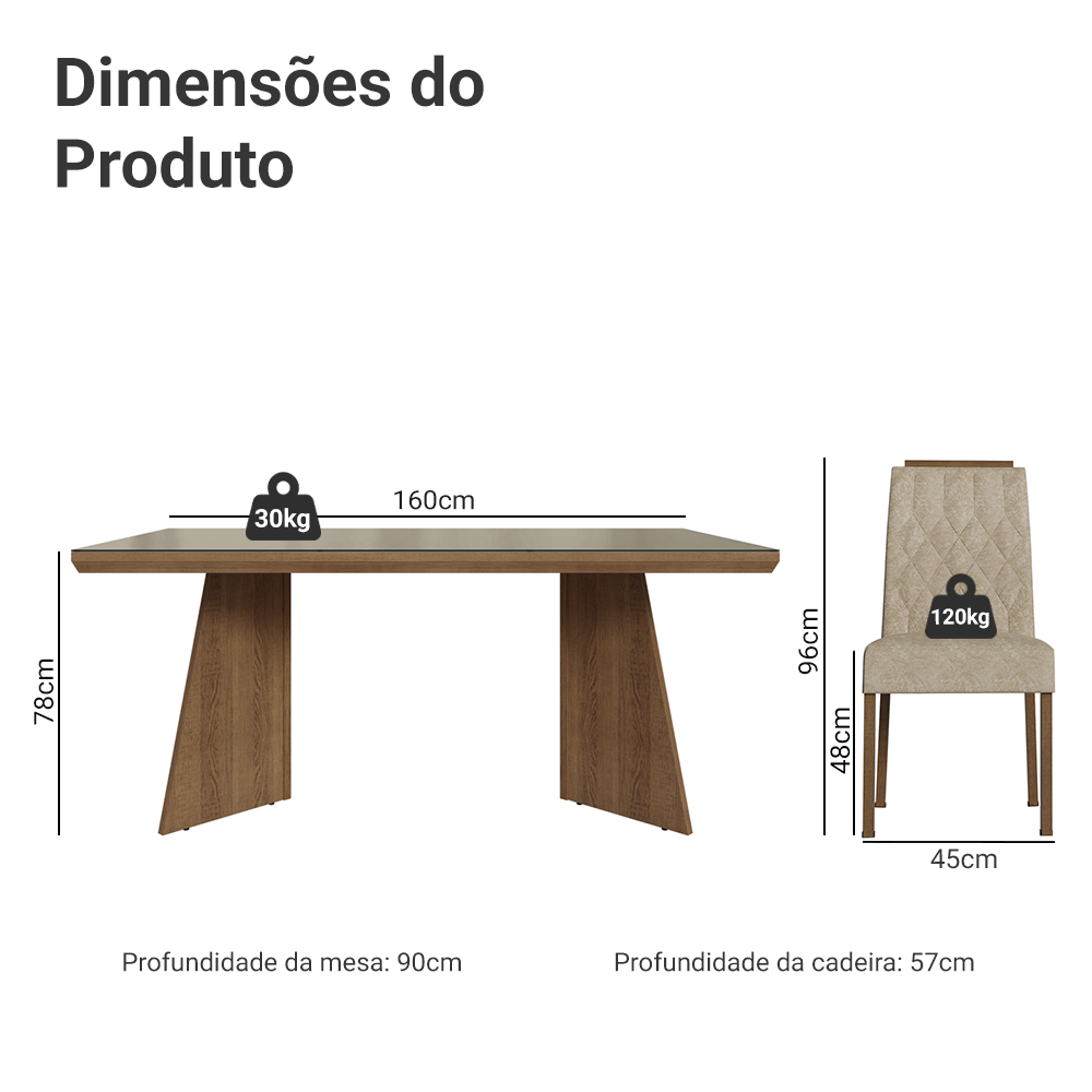 Conjunto Sala de Jantar Tampo com Vidro 6 Cadeiras Rustic/Cinza/Imperial Pienza Madesa