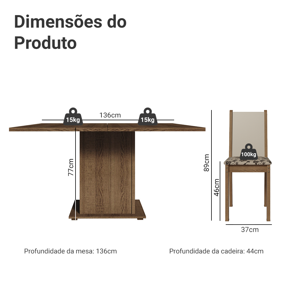 Conjunto Sala de Jantar Mesa Tampo de Madeira 8 Cadeiras Rustic/Crema/Bege Marrom Marisa Madesa