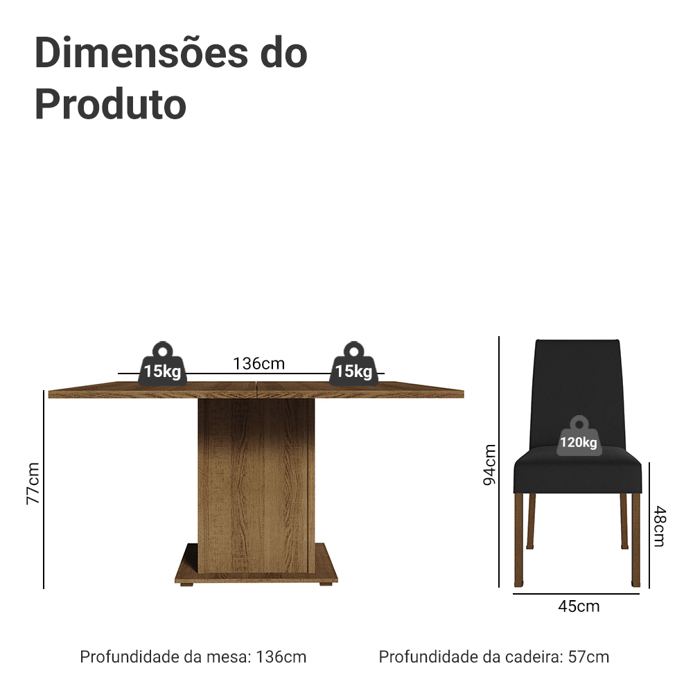 Conjunto Sala de Jantar Mesa Tampo de Madeira 8 Cadeiras Rustic/Oxford Doris Madesa