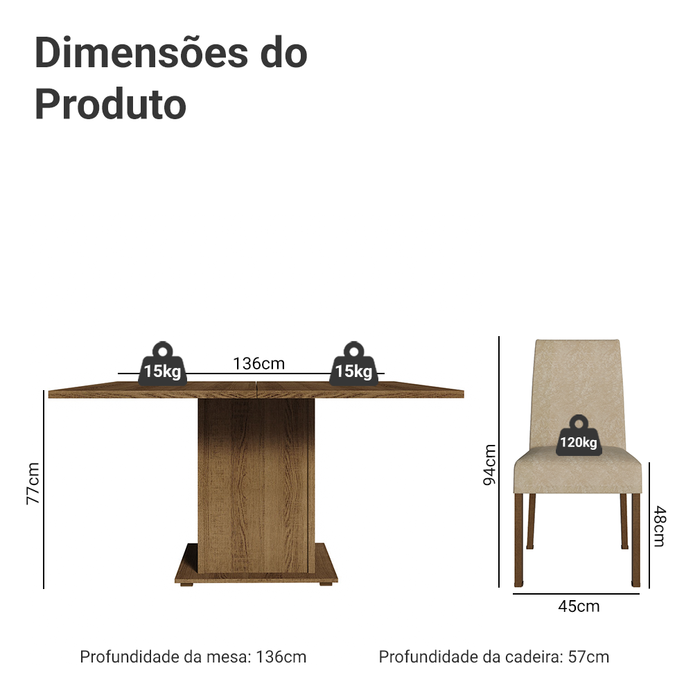 Conjunto Sala de Jantar Mesa Tampo de Madeira 8 Cadeiras Rustic/Imperial Doris Madesa