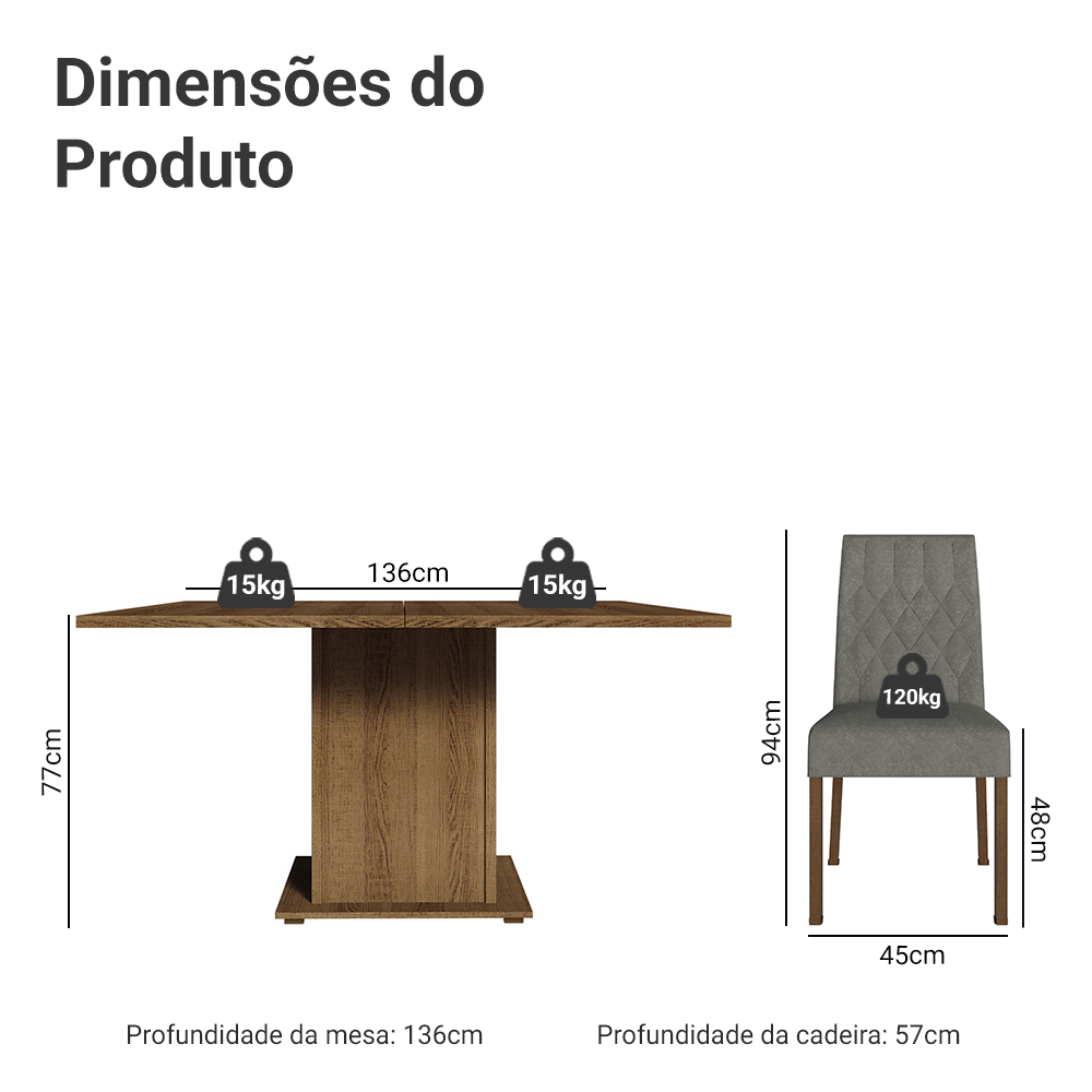 Conjunto Sala de Jantar Mesa Tampo de Madeira 8 Cadeiras Rustic/Silver Leila Madesa