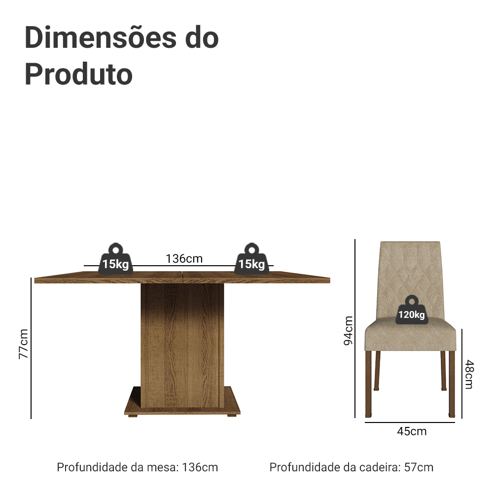 Conjunto Sala de Jantar Mesa Tampo de Madeira 8 Cadeiras Rustic/Imperial Leila Madesa