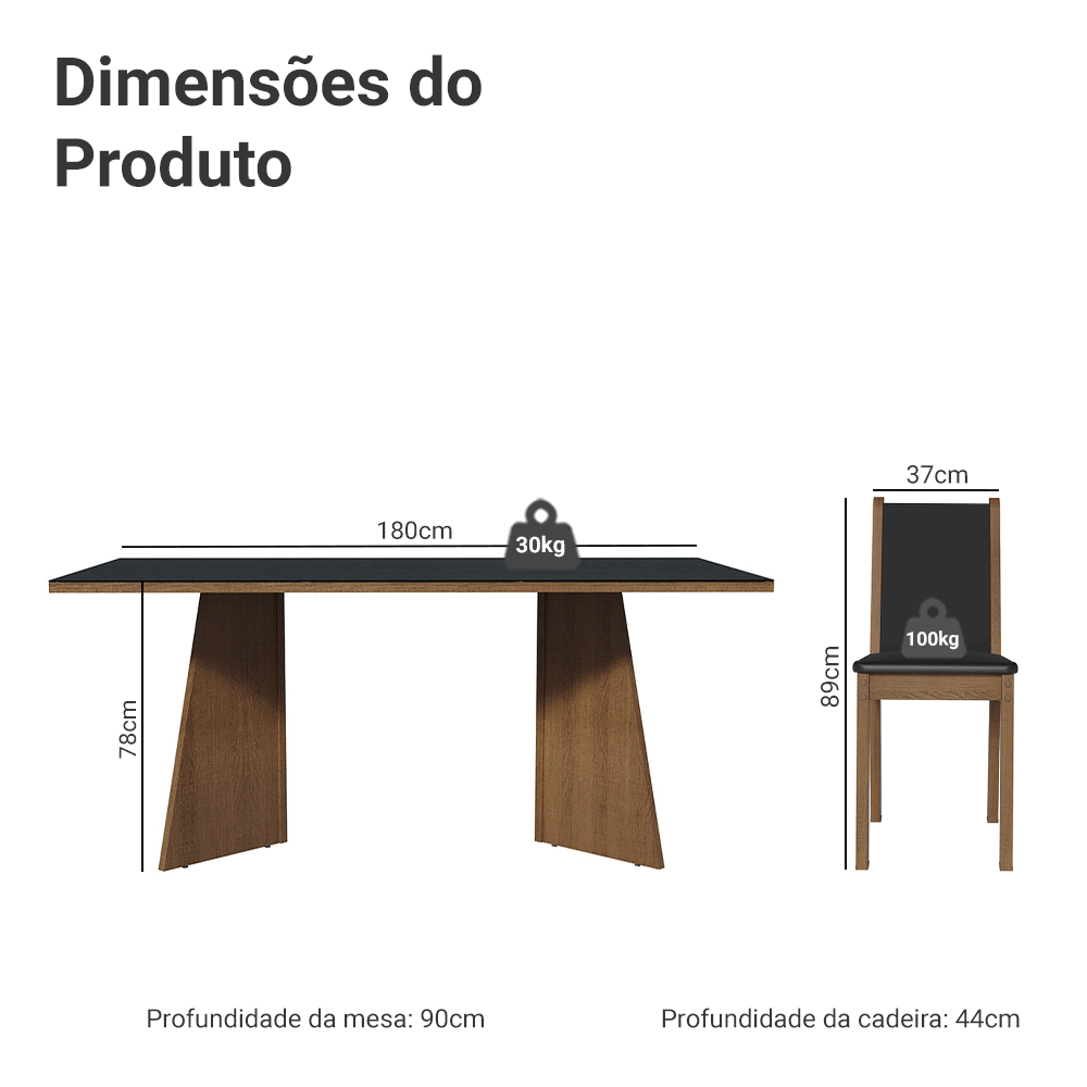 Conjunto Sala de Jantar Mesa Tampo de Vidro 8 Cadeiras Rustic/Preto Justine Madesa