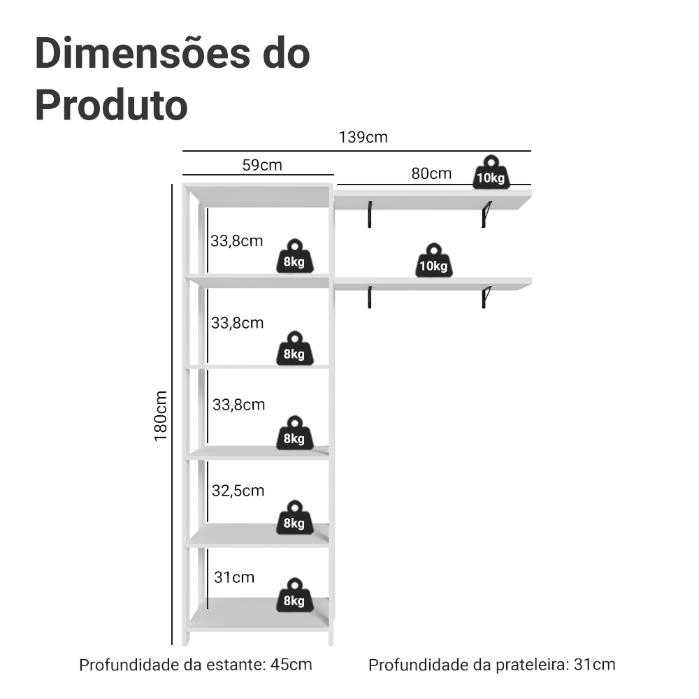 Estante Armário Multiuso e Prateleiras para Lavanderia 139cm Branco Madesa