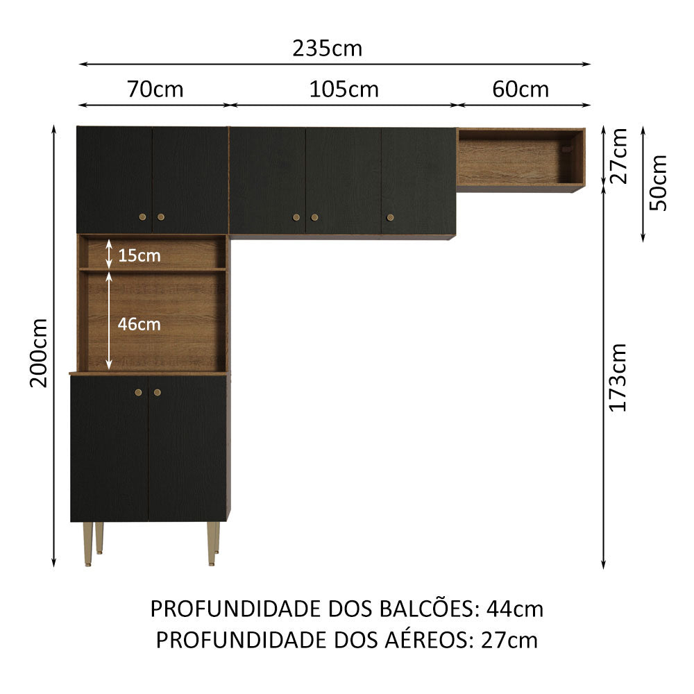 Armário de Cozinha Compacta Quiosque 235cm Rustic/Preto Gourmet Madesa 01