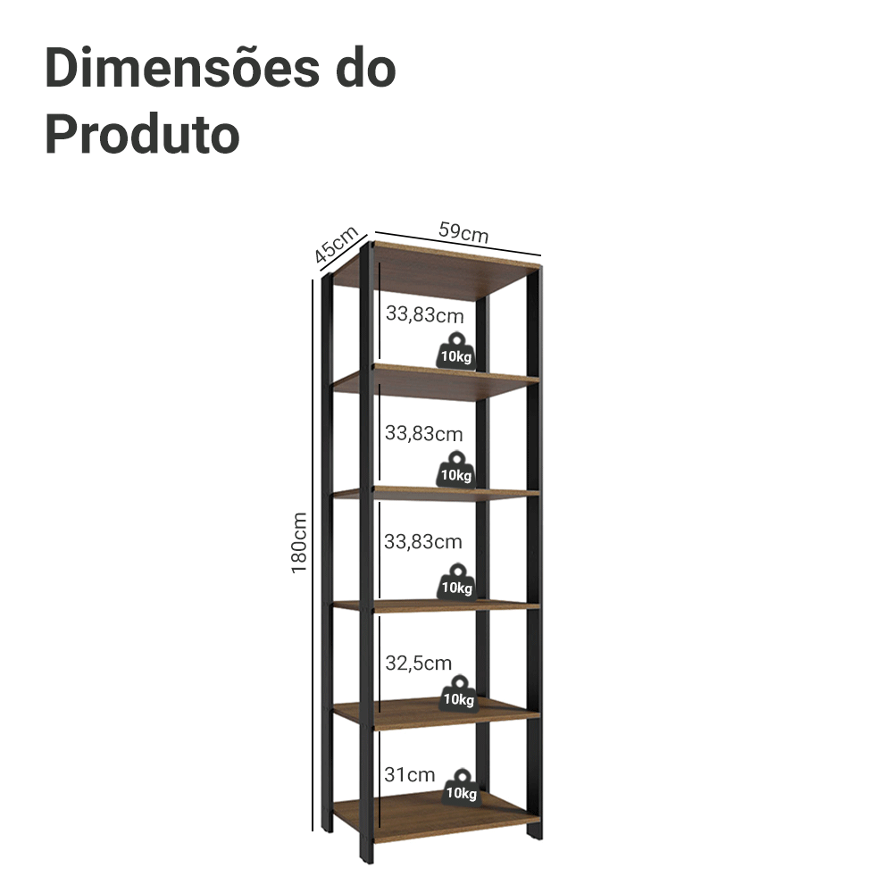 Armário Estante Multiuso Organizador Despensa 5 Prateleiras 59cm Rustic/Preto Madesa