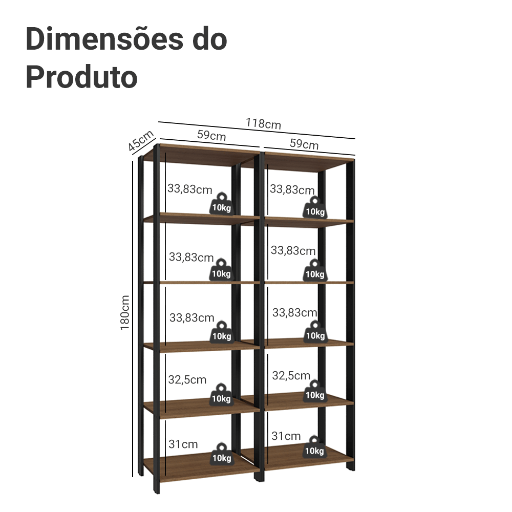 Armário Estante Multiuso Organizador 10 Prateleiras 118cm Rustic/Preto Madesa