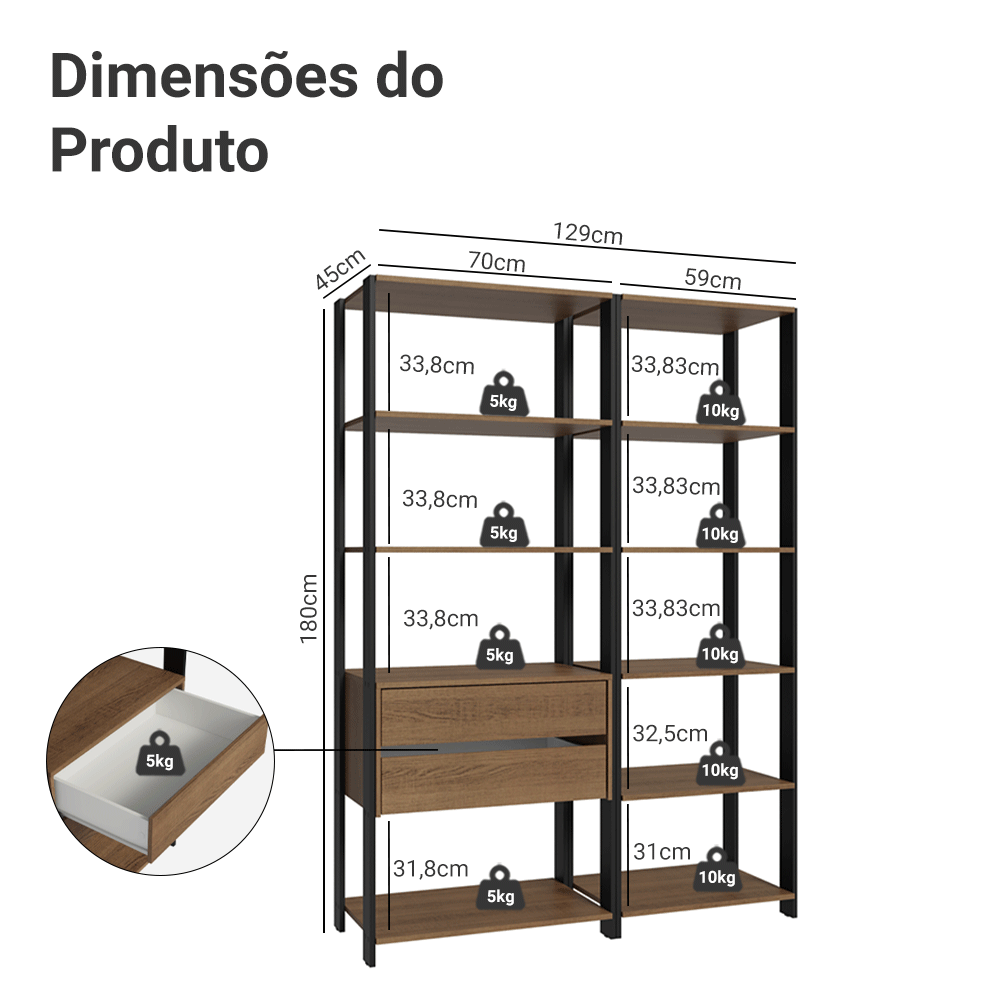 Armário Estante Multiuso Organizador 2 Gavetas 9 Prateleiras 129cm Rustic/Preto Madesa