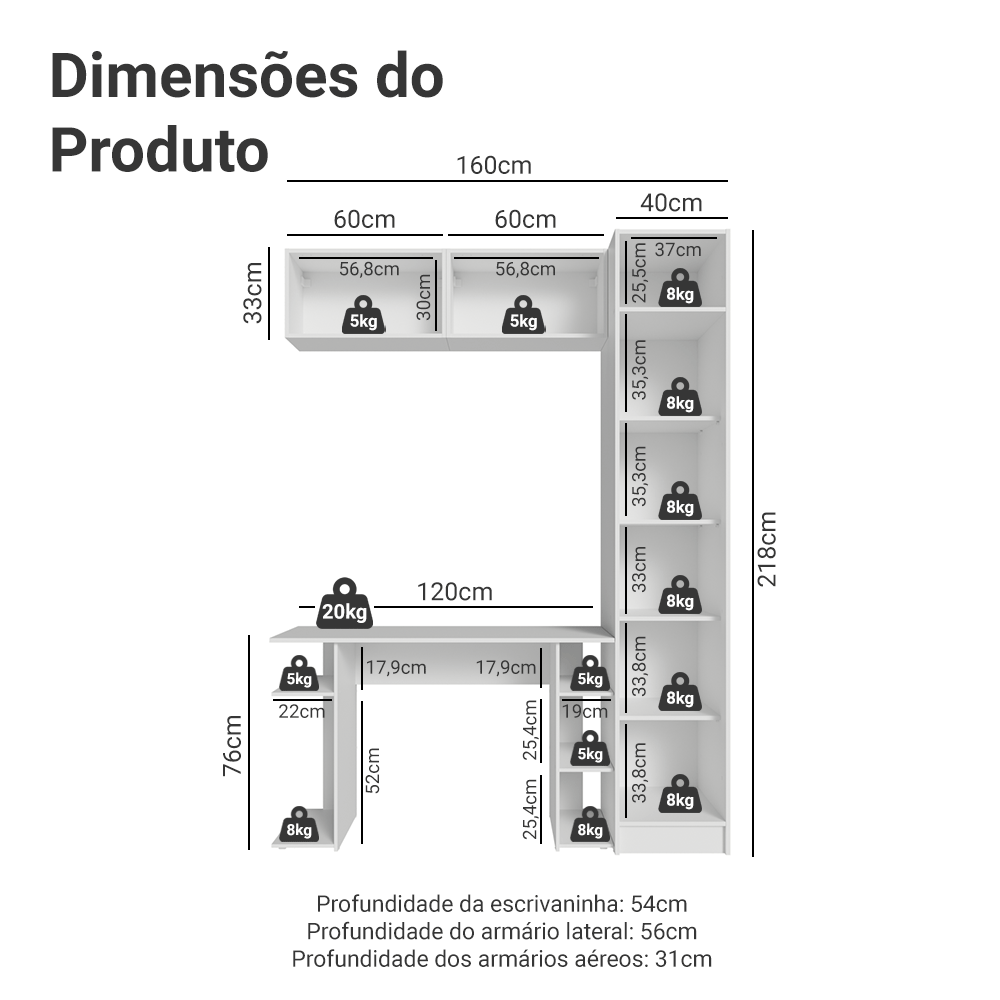 Conjunto Home Office 1 Guarda-Roupa 2 Aéreos Neo 1 Escrivaninha Branco Madesa
