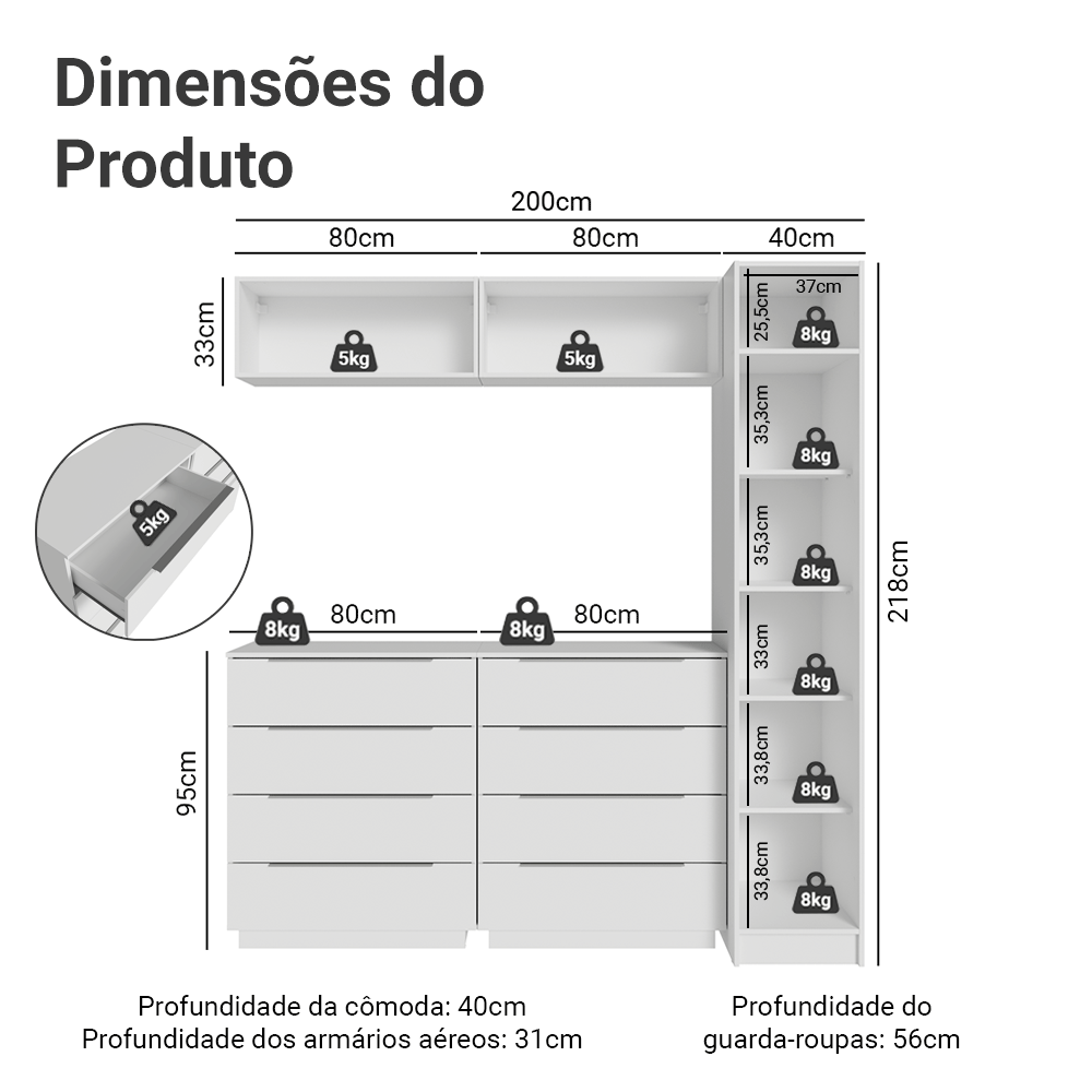 Conjunto Quarto com 1 Guarda-Roupa Neo 2 Aéreos 2 Cômodas Branco Madesa 01