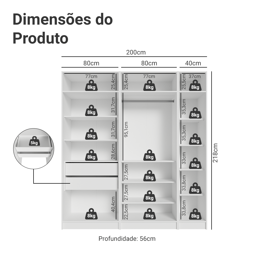 Guarda-Roupa Modulado 200 cm 5 Portas com Espelhos 2 Gavetas Branco Neo Madesa 02