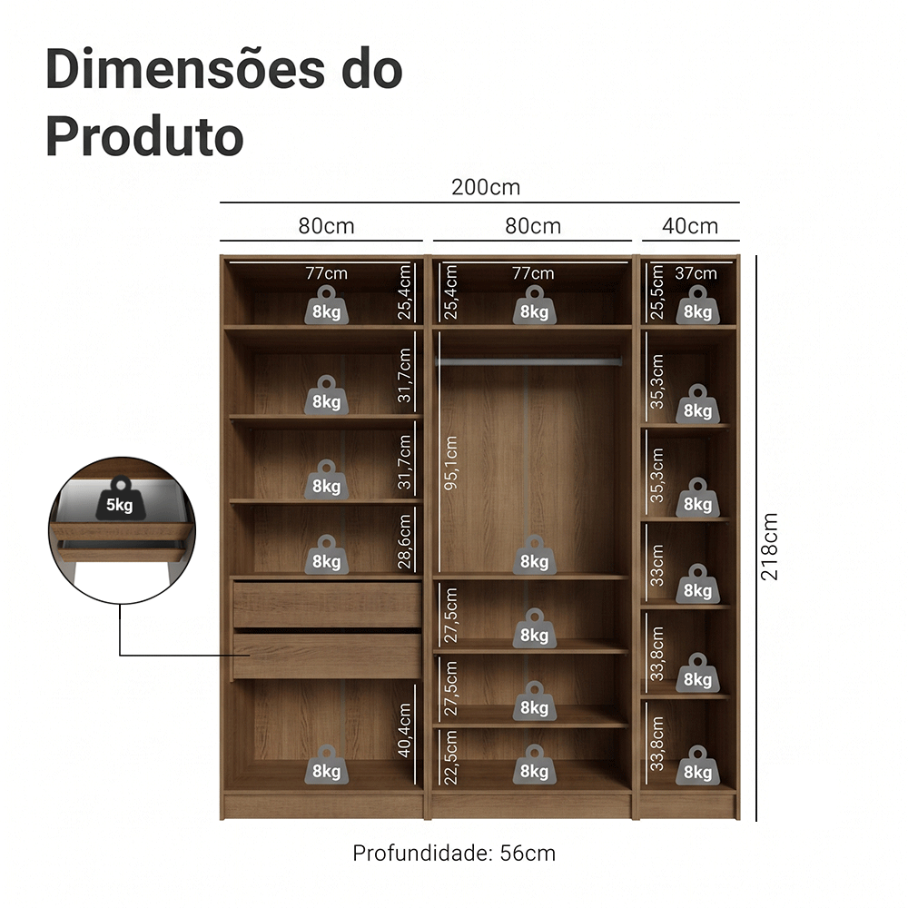 Guarda-Roupa Modulado 200 cm 5 Portas com Espelhos 2 Gavetas Rustic/Crema Neo Madesa 02