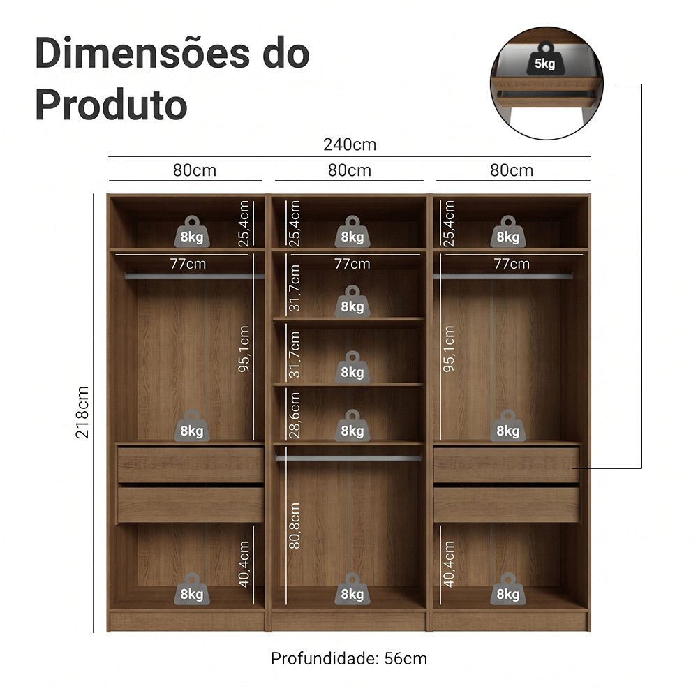 Guarda-Roupa Modulado 240 cm 6 Portas 4 Gavetas Rustic/Crema Neo Madesa 01
